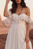 Eenvoudige ivoor off-the-shoulder Long Beach trouwjurk met split