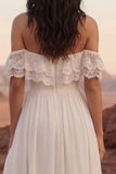 Eenvoudige ivoor off-the-shoulder Long Beach trouwjurk met split