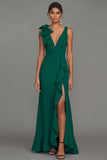 Donkergroene schede V-hals gerimpelde lange formele jurk met split