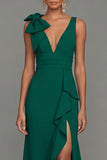 Donkergroene schede V-hals gerimpelde lange formele jurk met split
