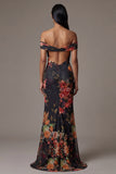 Zwarte bloemenjurk met off-the-shoulder print