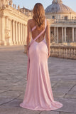 Roze zeemeermin met één schouder gerimpelde lange galajurk met split