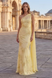 Gele Zeemeermin Bloemen Geborduurde Lange Galajurk met Side Cape