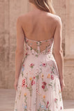 Strapless ivoorkleurige bloemenjurk met lange galajurk in lijn en split