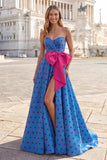 Blauwe A Line strapless strikke, lange polka dot jurk met split