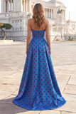 Blauwe A Line strapless strikke, lange polka dot jurk met split