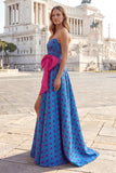 Blauwe A Line strapless strikke, lange polka dot jurk met split