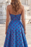 Blauwe A Line strapless strikke, lange polka dot jurk met split
