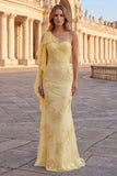 Gele, eenschouders zeemeermin bloemen geborduurde lange galajurk met sjerp
