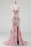 Glitterende zeemeermin roze bloemen halter hals rugloos lange galajurk met split