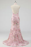 Glitterende zeemeermin roze bloemen halter hals rugloos lange galajurk met split