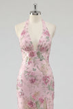 Glitterende zeemeermin roze bloemen halter hals rugloos lange galajurk met split