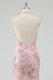 Glitterende zeemeermin roze bloemen halter hals rugloos lange galajurk met split