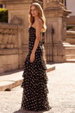 Zwarte polkadots schede sweetheart korset met gerimpelde lange galajurk