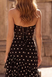 Zwarte polkadots schede sweetheart korset met gerimpelde lange galajurk