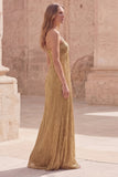 Gouden schede spaghettibandjes mouwloos gerimpeld lange galajurk
