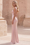 Roze zeemeermin Spaghetti bandjes satijn lange galajurk met veter op de rug