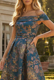 Peacock Blue A-lijn van de schouder Asymmetrische bloemrijke formele jurk