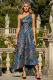 Peacock Blue A-lijn Eén Schouder Asymmetrische Jacquare Formele Jurk