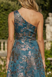 Peacock Blue A-lijn Eén Schouder Asymmetrische Jacquare Formele Jurk