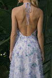 Lichtpaarse lange bloemen A-lijn halter rugloze formele jurk met cape