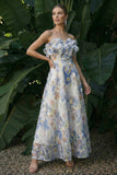 Lichtblauwe A-lijn gerimpelde bloemenlange formele jurk