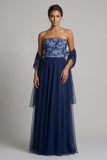 Navy A Line strapless lange tule jurk van moeder van de bruid met slinger