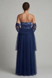 Navy A Line strapless lange tule jurk van moeder van de bruid met slinger