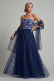 Navy A Line strapless lange tule jurk van moeder van de bruid met slinger