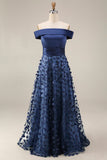 Off-the-shoulder marineblauwe pailletten Een lijn lange Mother of the Bride jurk