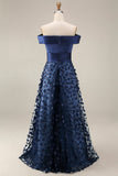 Off-the-shoulder marineblauwe pailletten Een lijn lange Mother of the Bride jurk