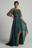 Donkergroen A-lijn hoog-laag boothals Mother of the Bride jurk met halve mouwen