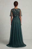 Donkergroen A-lijn hoog-laag boothals Mother of the Bride jurk met halve mouwen