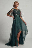Donkergroen A-lijn hoog-laag boothals Mother of the Bride jurk met halve mouwen
