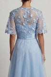 Hemelsblauwe chiffon A-lijn Lange Moeder van de Bruid Jurk met halve mouwen en 3D-bloemen