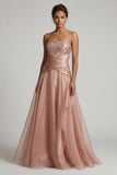 Strapless Dusty Rose geplooid lange A-lijn moeder van de bruid jurk met pailletten