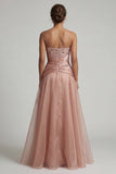Strapless Dusty Rose geplooid lange A-lijn moeder van de bruid jurk met pailletten