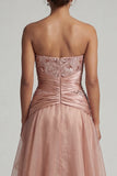 Strapless Dusty Rose geplooid lange A-lijn moeder van de bruid jurk met pailletten