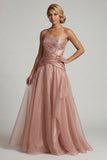 Strapless Dusty Rose geplooid lange A-lijn moeder van de bruid jurk met pailletten