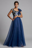 Navy Flower A-lijn Chiffon vierkante hals Lange Mother of the Bride jurk met strik