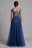 Navy Flower A-lijn Chiffon vierkante hals Lange Mother of the Bride jurk met strik
