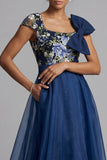 Navy Flower A-lijn Chiffon vierkante hals Lange Mother of the Bride jurk met strik