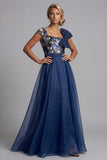 Navy Flower A-lijn Chiffon vierkante hals Lange Mother of the Bride jurk met strik