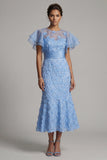 Lichtblauwe meermin-appliqued midi moeder van de bruid jurk met ruchemouwen