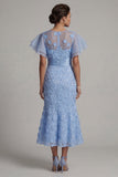 Lichtblauwe meermin-appliqued midi moeder van de bruid jurk met ruchemouwen