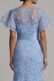 Lichtblauwe meermin-appliqued midi moeder van de bruid jurk met ruchemouwen