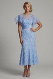 Lichtblauwe meermin-appliqued midi moeder van de bruid jurk met ruchemouwen