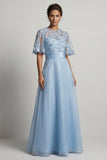 Sky Blue A Line 3D Bloemen Lange Moeder van de Bruid Jurk met halve mouwen