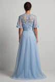 Sky Blue A Line 3D Bloemen Lange Moeder van de Bruid Jurk met halve mouwen