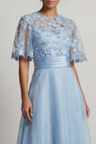 Sky Blue A Line 3D Bloemen Lange Moeder van de Bruid Jurk met halve mouwen